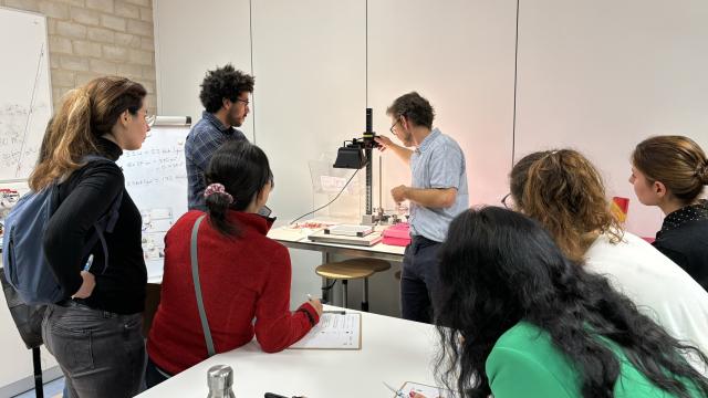 A group of adults take part in a workshop. They watch the instructor demonstrate.