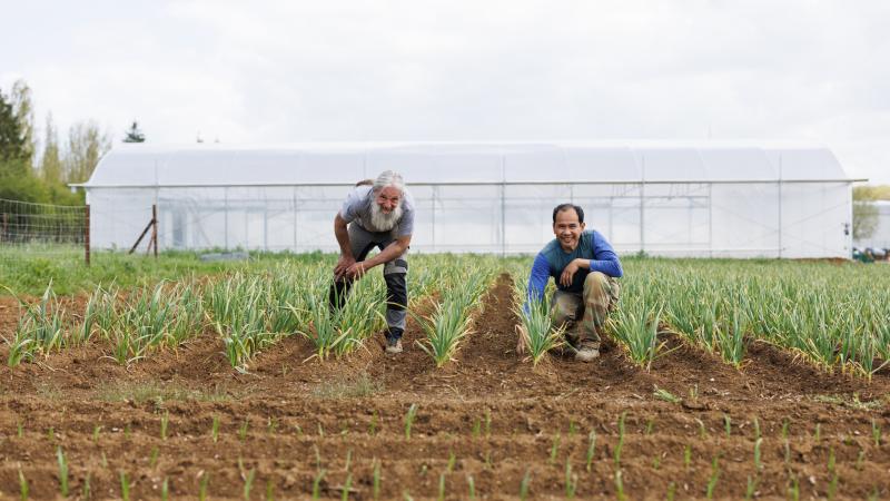 Zwei Männer auf einem Feld vor einem Gewächshaus